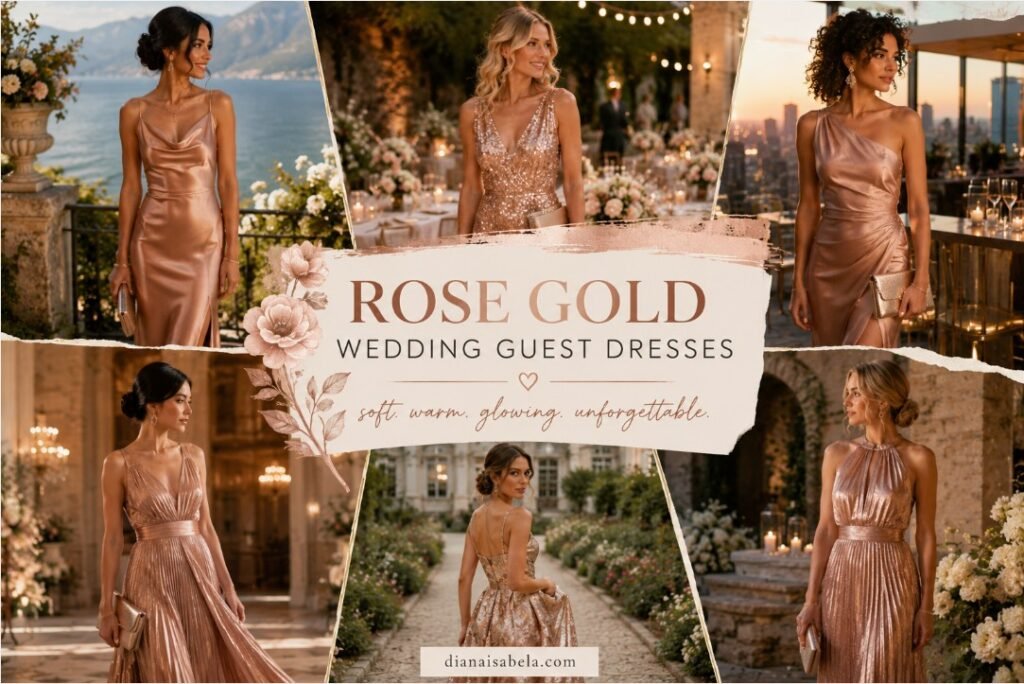 Rose gold wedding guest dresses styled with warm metallic tones, elegant silhouettes, and polished celebration details