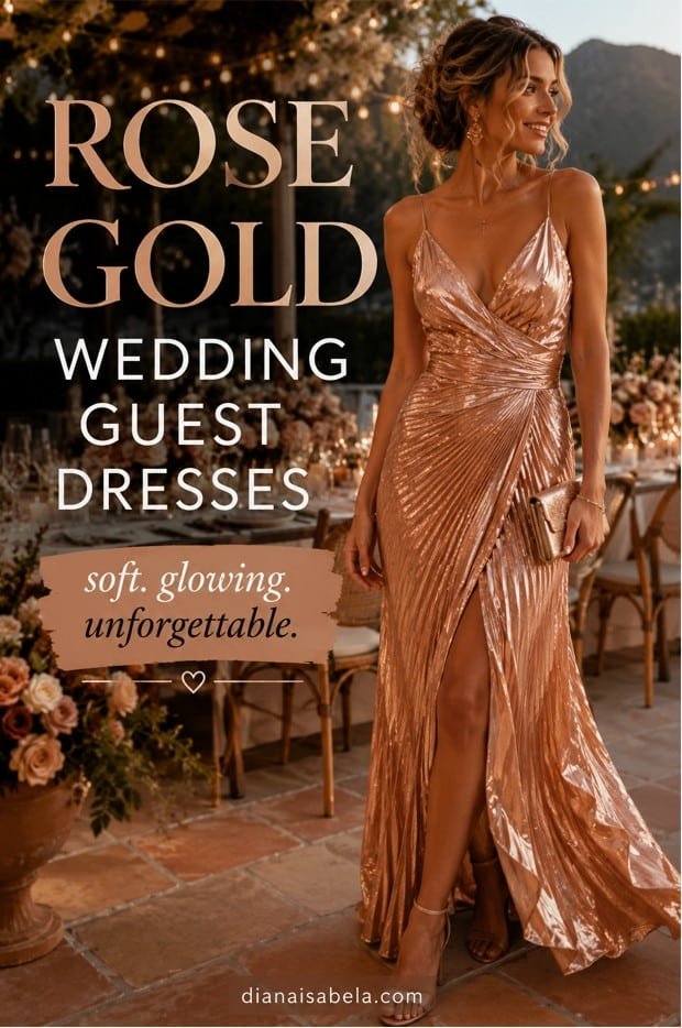 Rose gold wedding guest dress styled with warm metallic shine, elegant accessories, and romantic celebration details