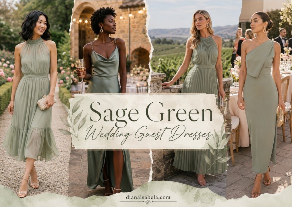 Sage Green Wedding Guest Dresses: Soft, Elegant Looks That Still Feel Modern 2 Sage green wedding guest dresses styled with soft fabrics, elegant silhouettes, and romantic garden wedding details