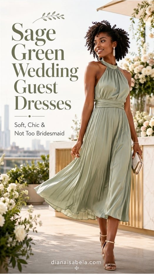 Sage Green Wedding Guest Dresses: Soft, Elegant Looks That Still Feel Modern 3 Sage green wedding guest dress styled with soft movement, elegant accessories, and modern garden wedding polish