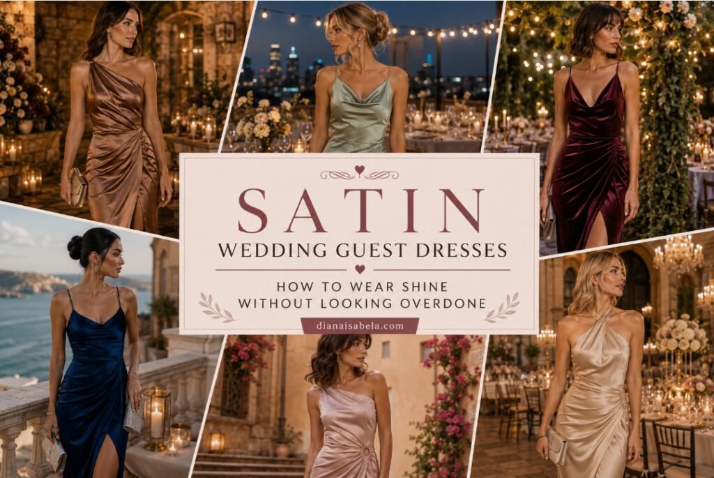 How to Wear a Satin Dress to a Wedding Without Looking Overdone 2 Satin wedding guest dresses styled in champagne, rose, navy, burgundy, and soft metallic tones for elegant celebrations