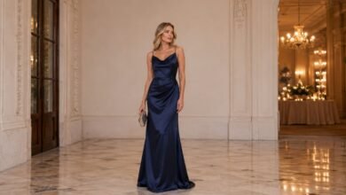 Navy satin wedding guest dress styled for a refined evening celebration