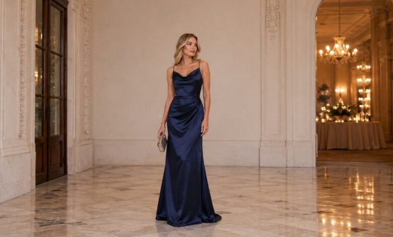 Navy satin wedding guest dress styled for a refined evening celebration