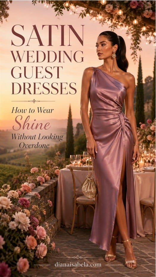 How to Wear a Satin Dress to a Wedding Without Looking Overdone 3 Satin wedding guest dresses styled with soft shine, polished accessories, and elegant sunset wedding atmosphere
