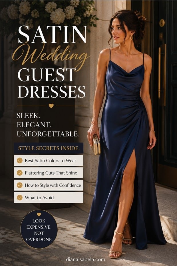 Satin Wedding Guest Dresses: Sleek Looks That Feel Expensive 3 Satin wedding guest dresses styled with elegant colors, polished accessories, and refined occasion-ready details
