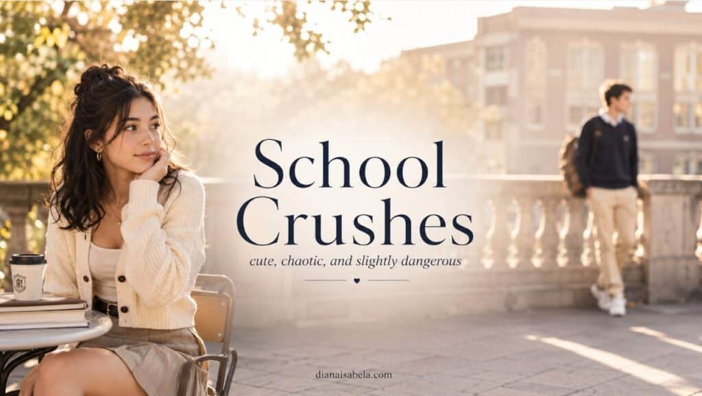 School Crushes: Cute, Chaotic, and Slightly Dangerous 2 School crushes banner with a stylish girl on a sunny campus terrace, blurred boy in the background, warm golden light, books, coffee cup