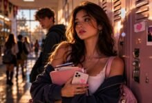 School crush cover with teenage girl near pink lockers holding notebooks and phone, with a blurred boy in the hallway and golden hour light