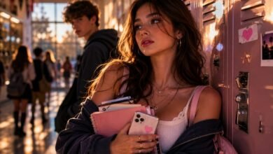 School crush cover with teenage girl near pink lockers holding notebooks and phone, with a blurred boy in the hallway and golden hour light