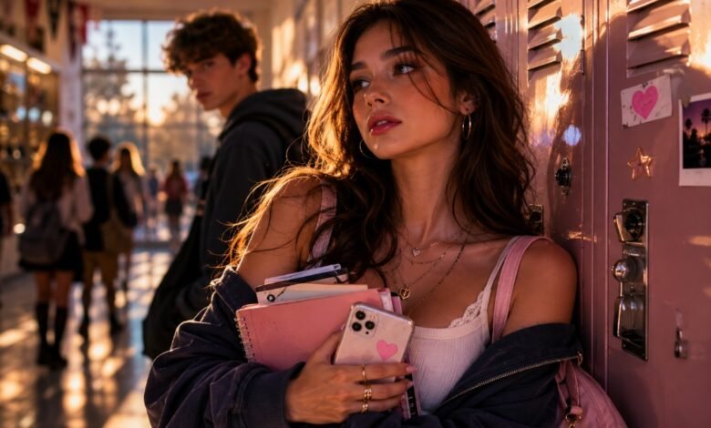 School crush cover with teenage girl near pink lockers holding notebooks and phone, with a blurred boy in the hallway and golden hour light