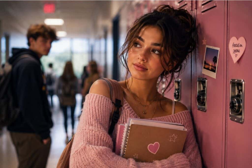 School Crushes: Cute, Chaotic, and Slightly Dangerous 3 School crush cover with teenage girl in pink sweater by school lockers, holding notebooks, with a blurred boy in the hallway