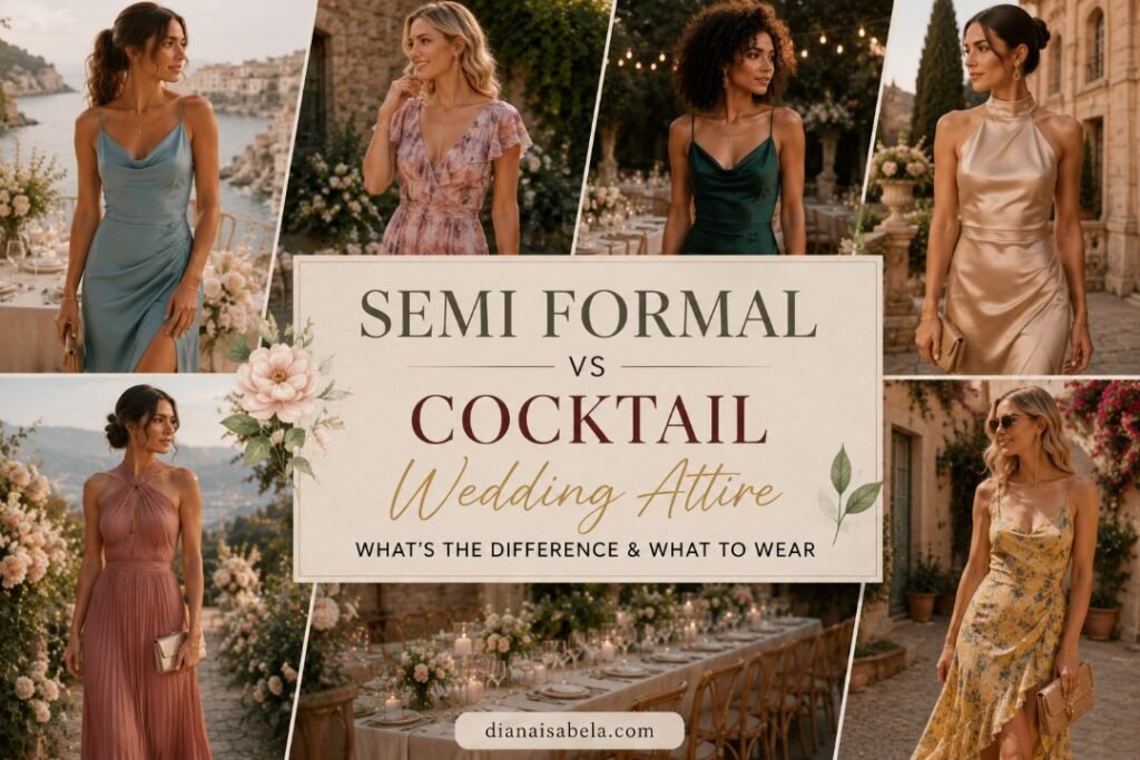 Semi formal vs cocktail wedding attire comparison with elegant guest dresses, polished accessories, and dress code outfit ideas