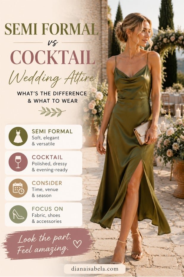 Semi formal vs cocktail wedding attire guide with an olive satin dress, polished accessories, and clear guest styling tips