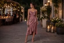 Woman wearing an elegant satin midi dress as a semi formal wedding guest at an evening garden reception