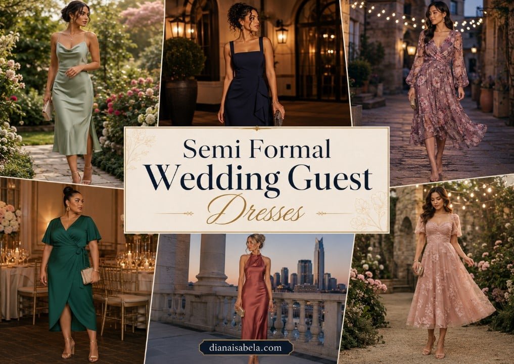 Collage banner with different semi formal wedding guest dresses, featuring diverse women, varied dress styles, and the title Semi Formal Wedding Guest Dresses