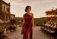 September wedding guest dress in burgundy satin at an elegant autumn vineyard wedding terrace