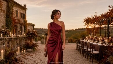 September Wedding Guest Dresses: Early Fall Looks That Still Feel Fresh 4 September wedding guest dress in burgundy satin at an elegant autumn vineyard wedding terrace