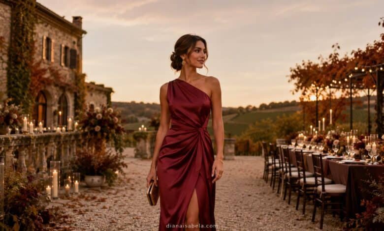 September wedding guest dress in burgundy satin at an elegant autumn vineyard wedding terrace