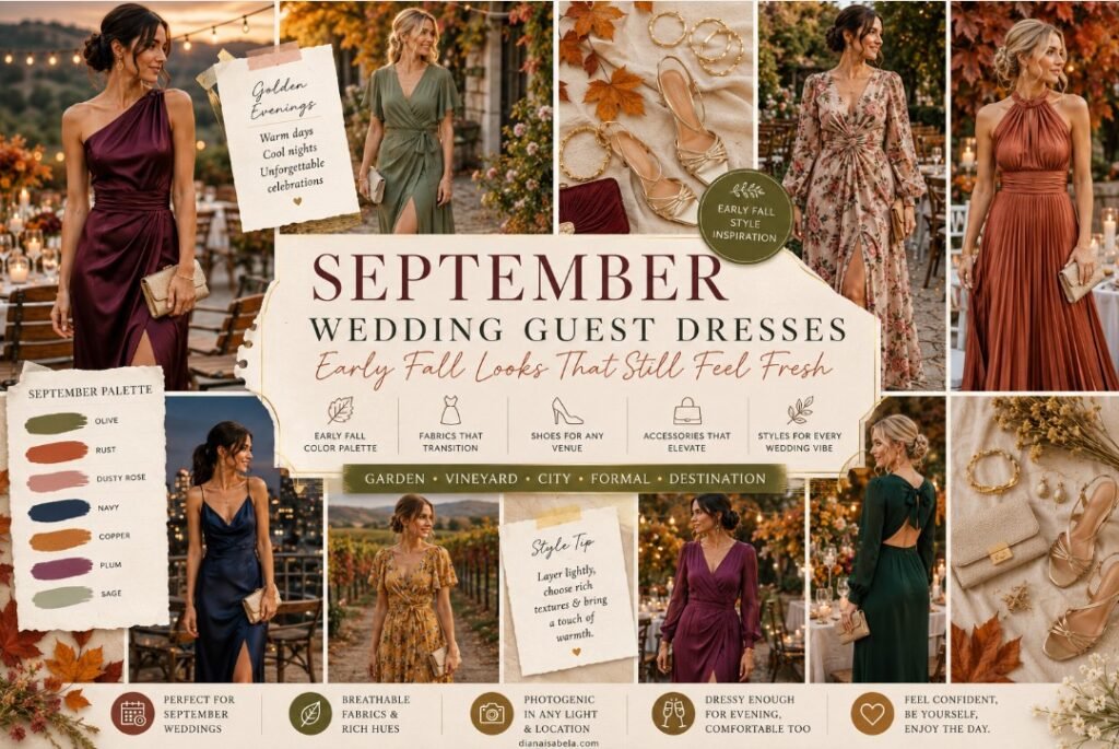 September wedding guest dresses collage banner with early fall outfits in olive, rust, dusty rose, navy, copper, plum, and sage