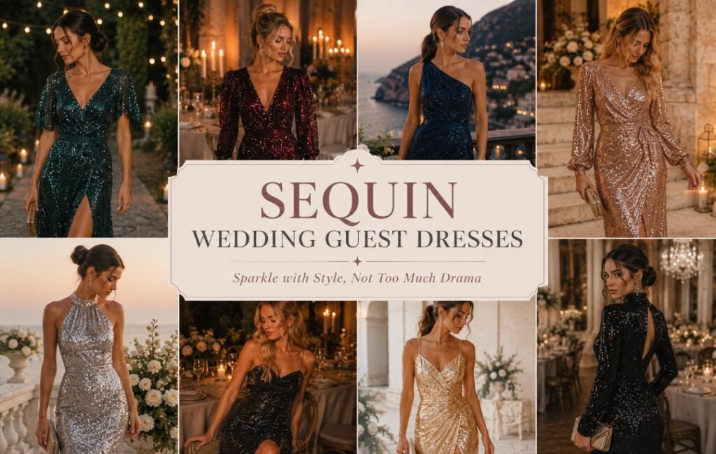 Sequin Wedding Guest Dresses: How to Wear Sparkle Without Stealing the Room 2 Sequin wedding guest dresses styled in emerald, burgundy, navy, champagne gold, silver, and black for elegant evening celebrations