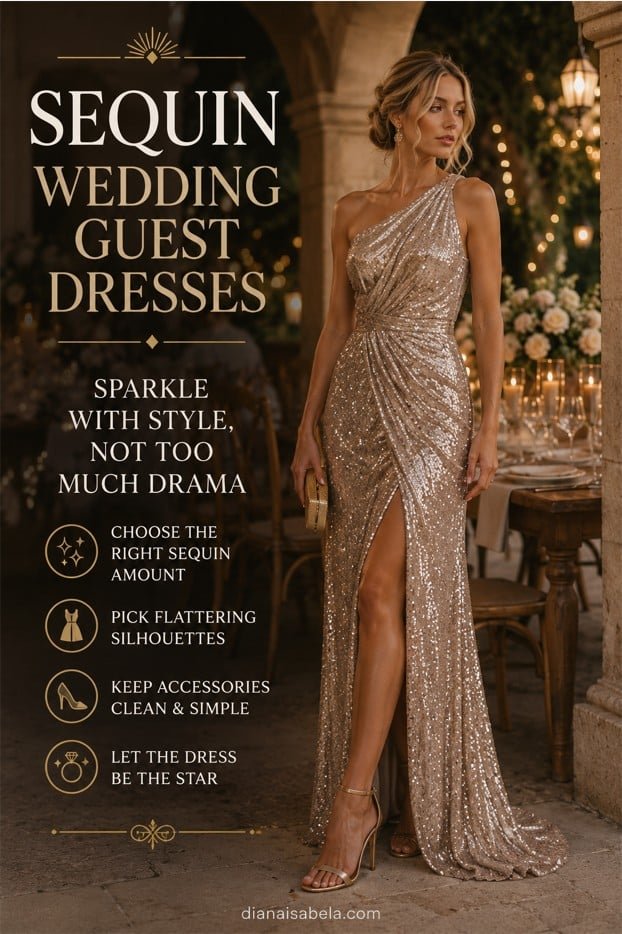 Sequin Wedding Guest Dresses: How to Wear Sparkle Without Stealing the Room 3 Sequin wedding guest dress styled in champagne gold with clean accessories for an elegant evening celebration