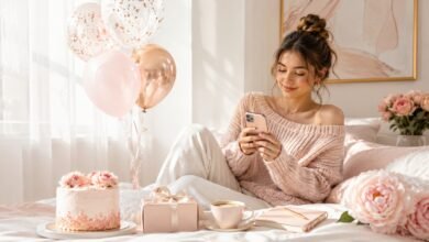 A stylish young woman texting a birthday message in a soft pastel bedroom with balloons, cake, flowers, coffee, and a gift.
