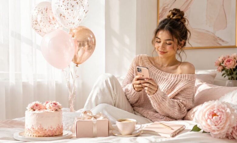 A stylish young woman texting a birthday message in a soft pastel bedroom with balloons, cake, flowers, coffee, and a gift.