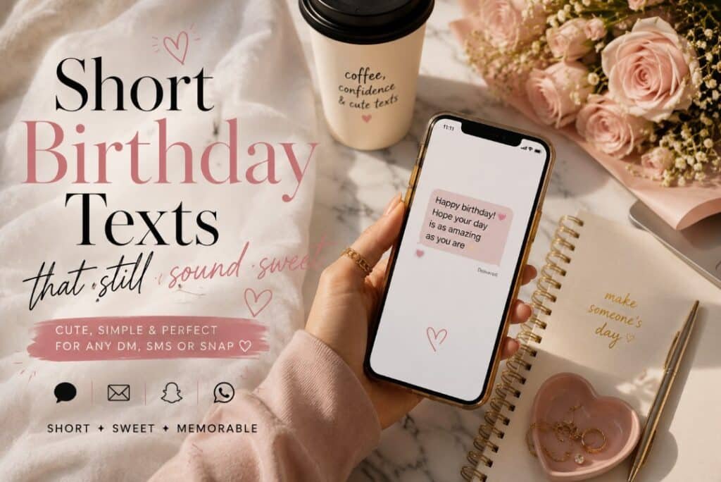 A stylish flat lay with a phone showing a sweet birthday text, coffee, roses, notebook, and soft pink details.