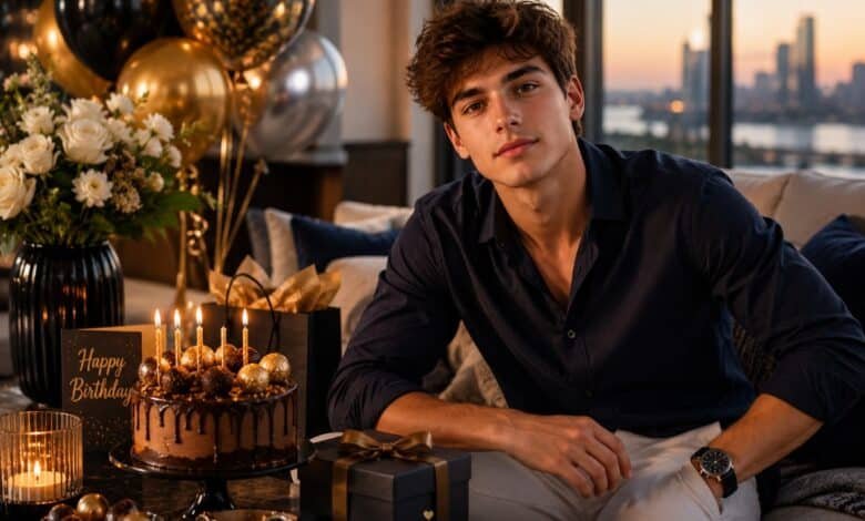 Short birthday wishes for son with a stylish young man celebrating with cake, gifts, balloons, and warm family birthday message ideas