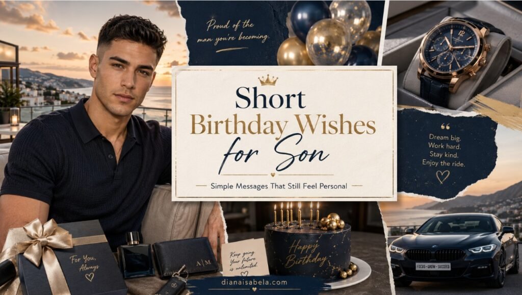 Short birthday wishes for son with a stylish celebration collage, birthday cake, luxury gifts, watch, car, balloons, and parent message ideas