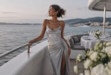 Silver wedding guest dress styled with sleek shine for an elegant evening wedding reception