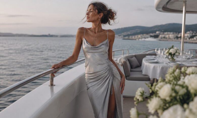 Silver wedding guest dress styled with sleek shine for an elegant evening wedding reception
