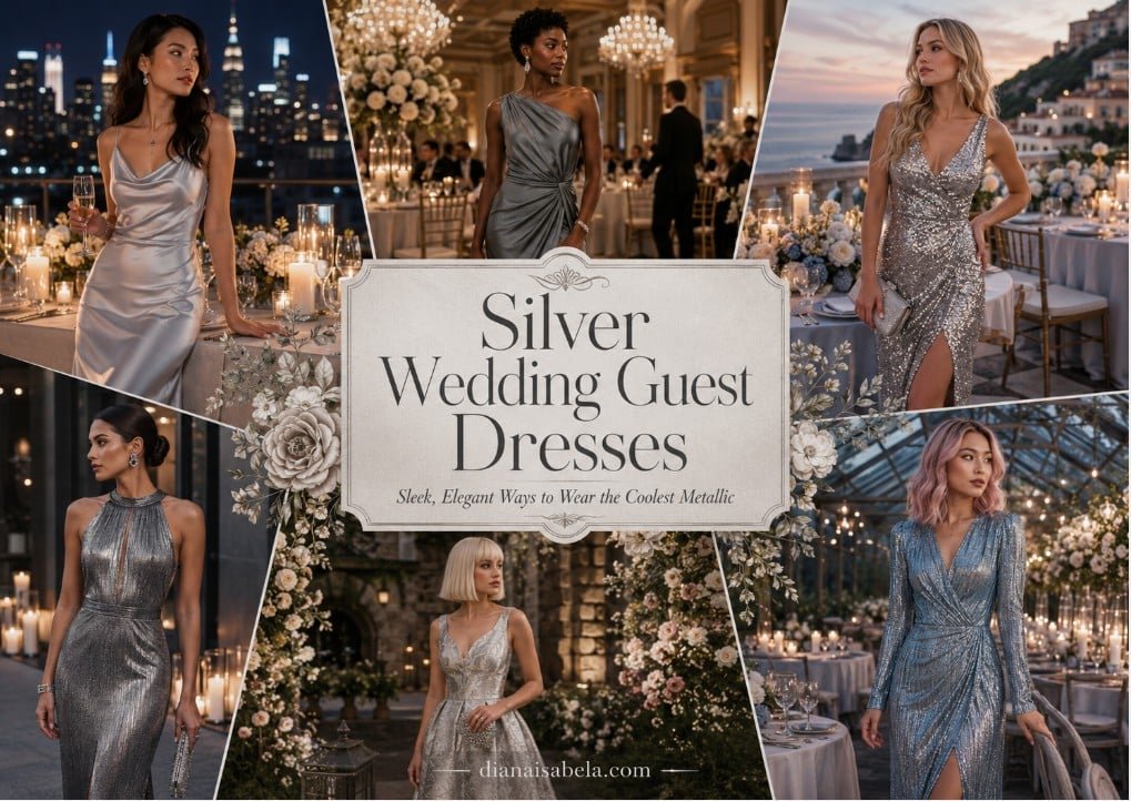 Silver Wedding Guest Dresses: Sleek, Elegant Ways to Wear the Coolest Metallic 2 Silver wedding guest dresses styled for sleek formal, cocktail, rooftop, and evening wedding looks