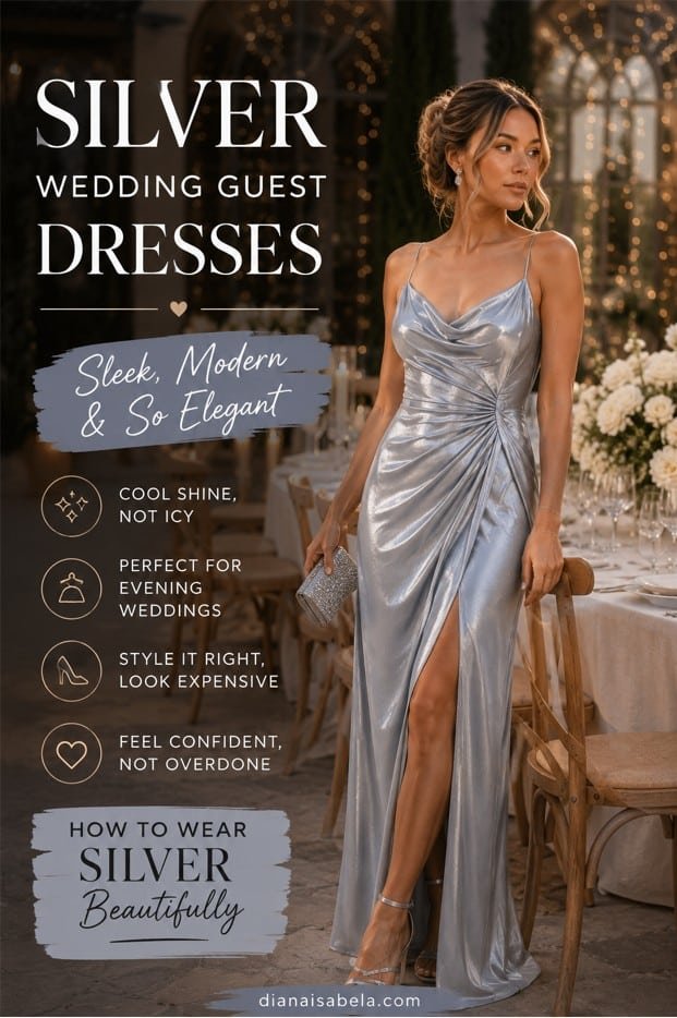 Silver Wedding Guest Dresses: Sleek, Elegant Ways to Wear the Coolest Metallic 3 Silver wedding guest dresses styled with sleek shine for modern evening wedding looks