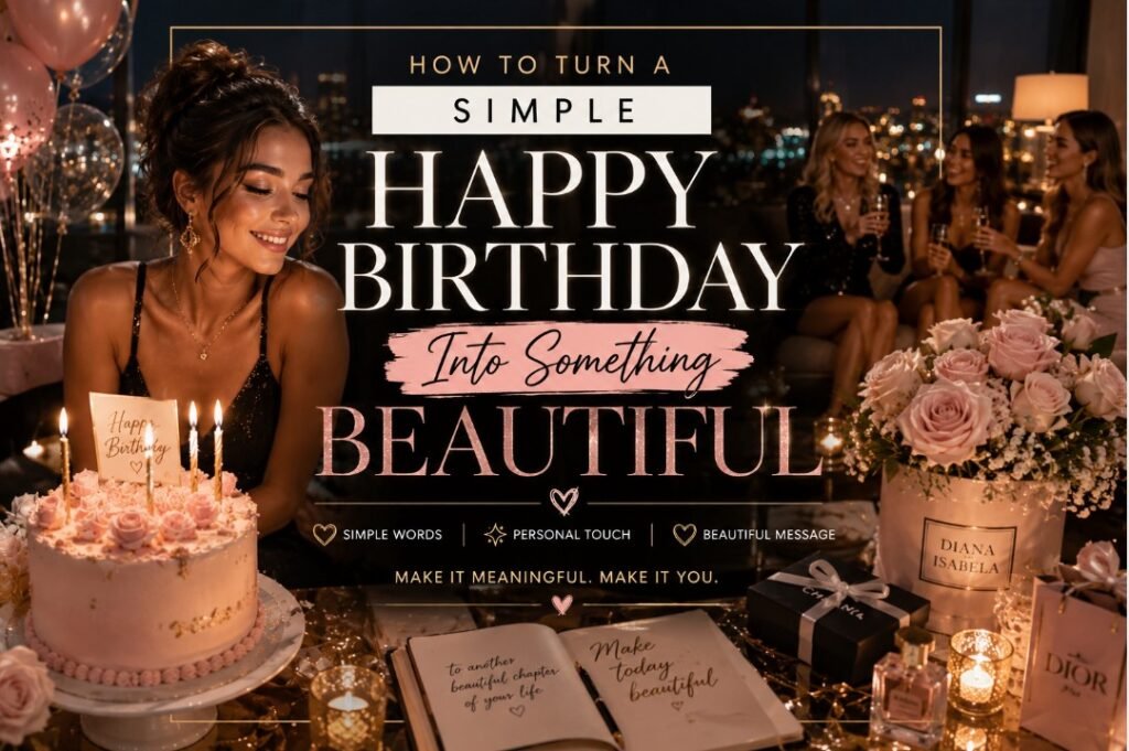 How to Turn a Simple Happy Birthday Into Something Beautiful 2 Glamorous youth magazine birthday banner with centered title text, stylish girl, pink cake, candles, flowers, friends, gifts, and city-night party mood