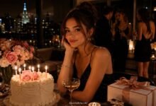 Glamorous youth fashion magazine style birthday cover with stylish girl, cake, candles, flowers, gifts, friends, and city-night party mood