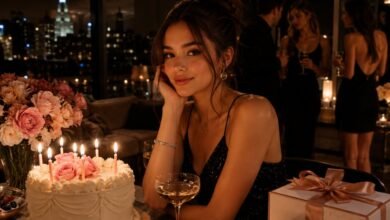 How to Turn a Simple Happy Birthday Into Something Beautiful 3 Glamorous youth fashion magazine style birthday cover with stylish girl, cake, candles, flowers, gifts, friends, and city-night party mood