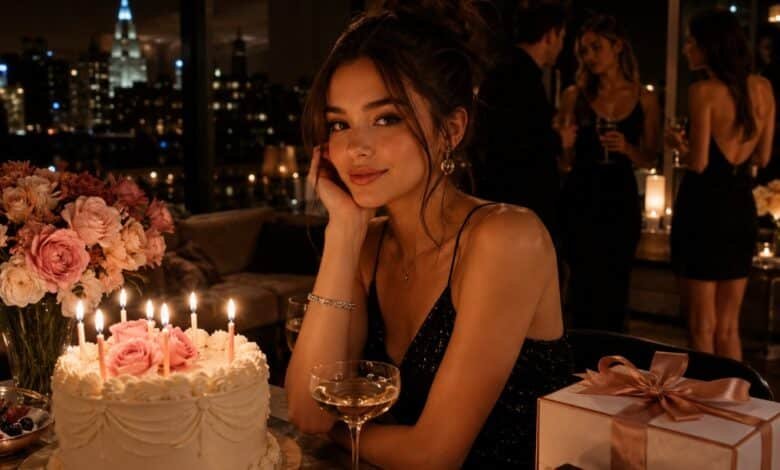 Glamorous youth fashion magazine style birthday cover with stylish girl, cake, candles, flowers, gifts, friends, and city-night party mood
