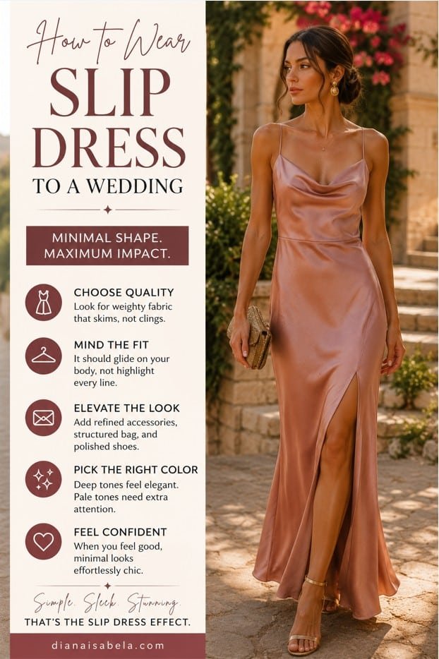Slip wedding guest dress styled in blush satin with refined accessories for an elegant outdoor celebration
