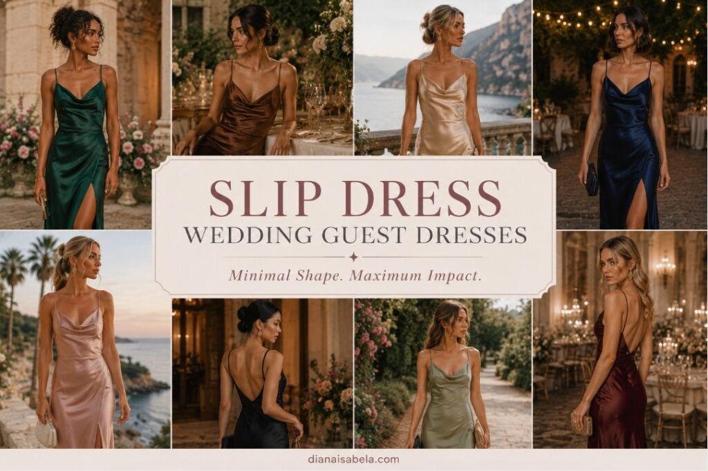 Slip wedding guest dresses styled in emerald, chocolate, champagne, navy, blush, black, sage, and burgundy for elegant celebrations