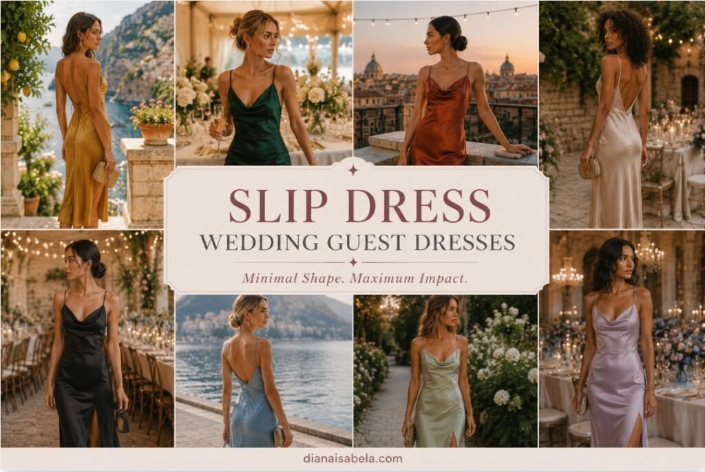 Slip wedding guest dresses styled in gold, emerald, rust, ivory, black, blue, sage, and lavender for elegant celebrations