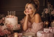 Luxury fashion magazine style soft girl birthday cover with blonde woman, pink cake, candles, flowers, and elegant gifts