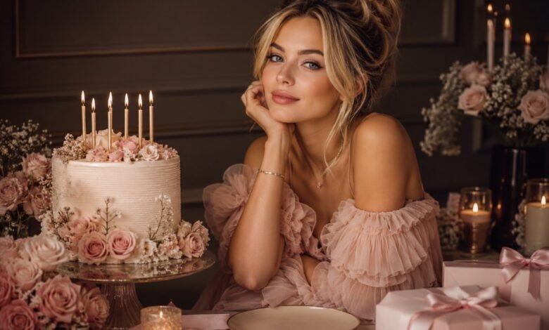 Luxury fashion magazine style soft girl birthday cover with blonde woman, pink cake, candles, flowers, and elegant gifts