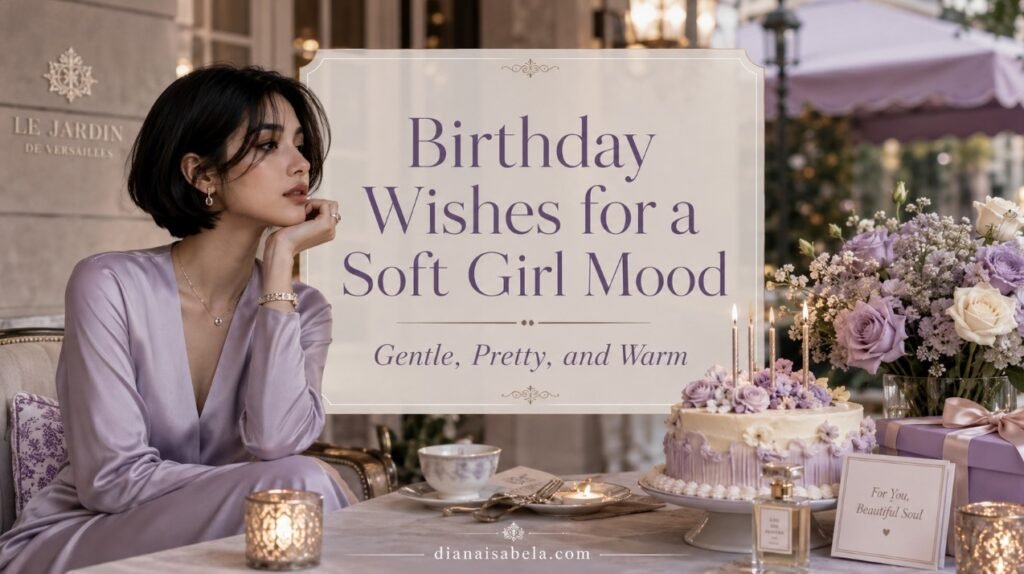 Birthday Wishes for a Soft Girl Mood: Gentle, Pretty, and Warm 2 Soft girl birthday wishes banner with centered title text, stylish bob haircut girl, lavender dress, birthday cake, candles, flowers, and gifts