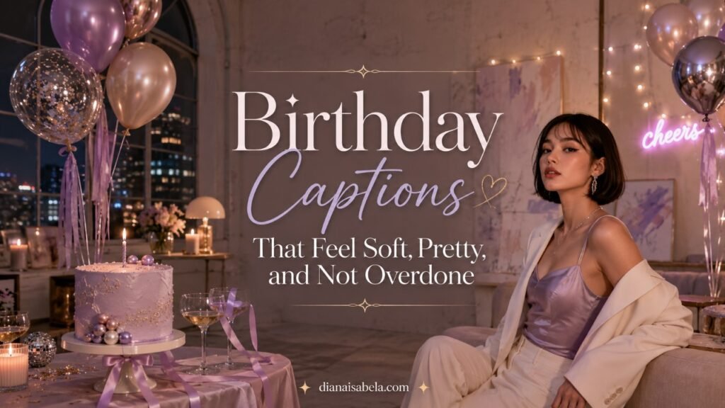 Wide birthday captions banner with centered title text, cake, balloons, and a stylish girl in a chic celebration loft