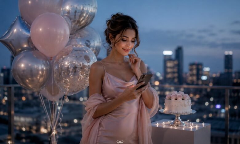 Stylish birthday girl checking her phone on a rooftop with balloons, cake, and soft city lights for a birthday captions article
