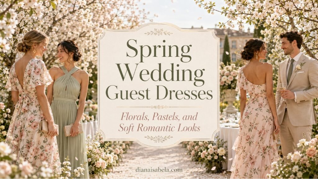 Spring Wedding Guest Dresses: Florals, Pastels, and Soft Romantic Looks 2 Spring wedding guest dresses banner with stylish guests in floral and pastel outfits at a blooming orchard garden wedding