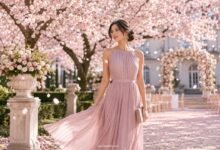 Spring wedding guest in a soft pink pleated dress under blooming cherry blossom trees at an elegant outdoor wedding garden