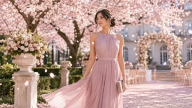 Spring wedding guest in a soft pink pleated dress under blooming cherry blossom trees at an elegant outdoor wedding garden