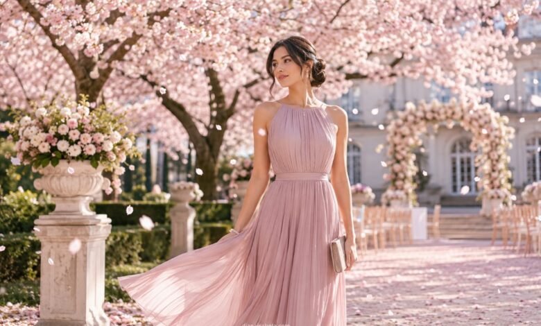 Spring wedding guest in a soft pink pleated dress under blooming cherry blossom trees at an elegant outdoor wedding garden