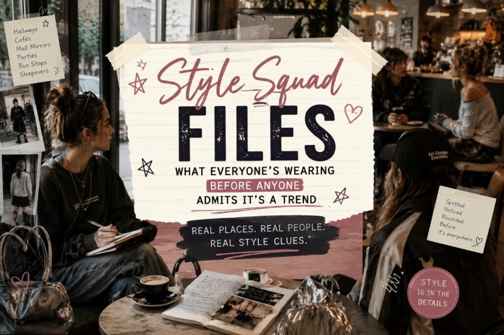 Style Squad Files: What Everyone’s Wearing Before Anyone Admits It’s a Trend 2 Editorial café banner with Style Squad Files title and teen fashion notes about what everyone is wearing before it becomes a trend